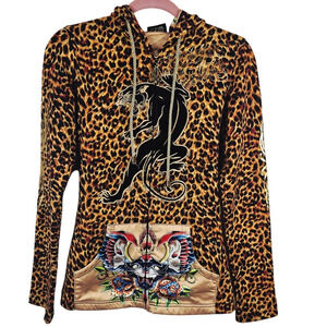 Christian Audiger Black Leopard Animal Print Skull Women's Hooded Jacket S